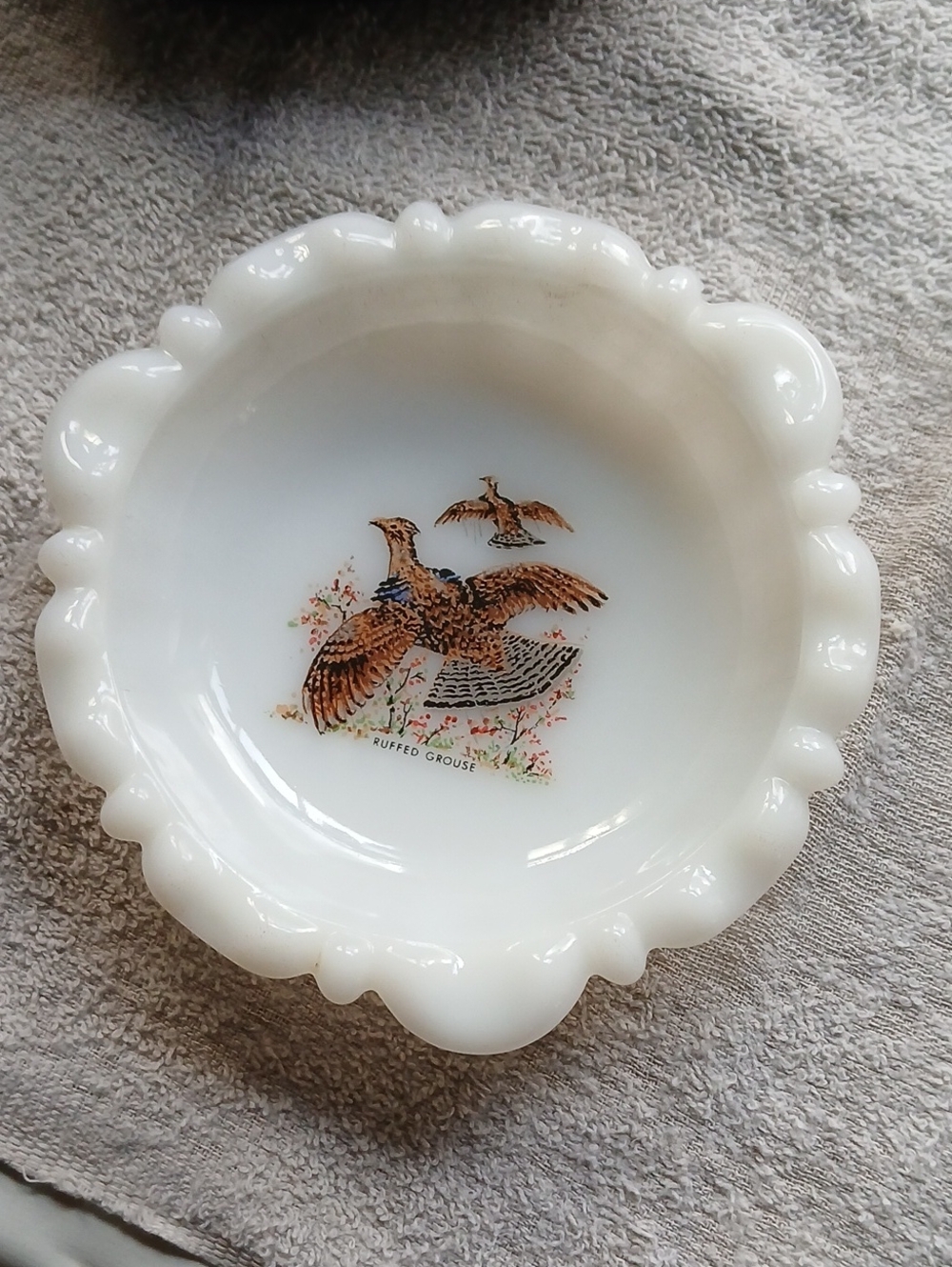 White Milk Glass Bowl with Ruffed Grouse Motif